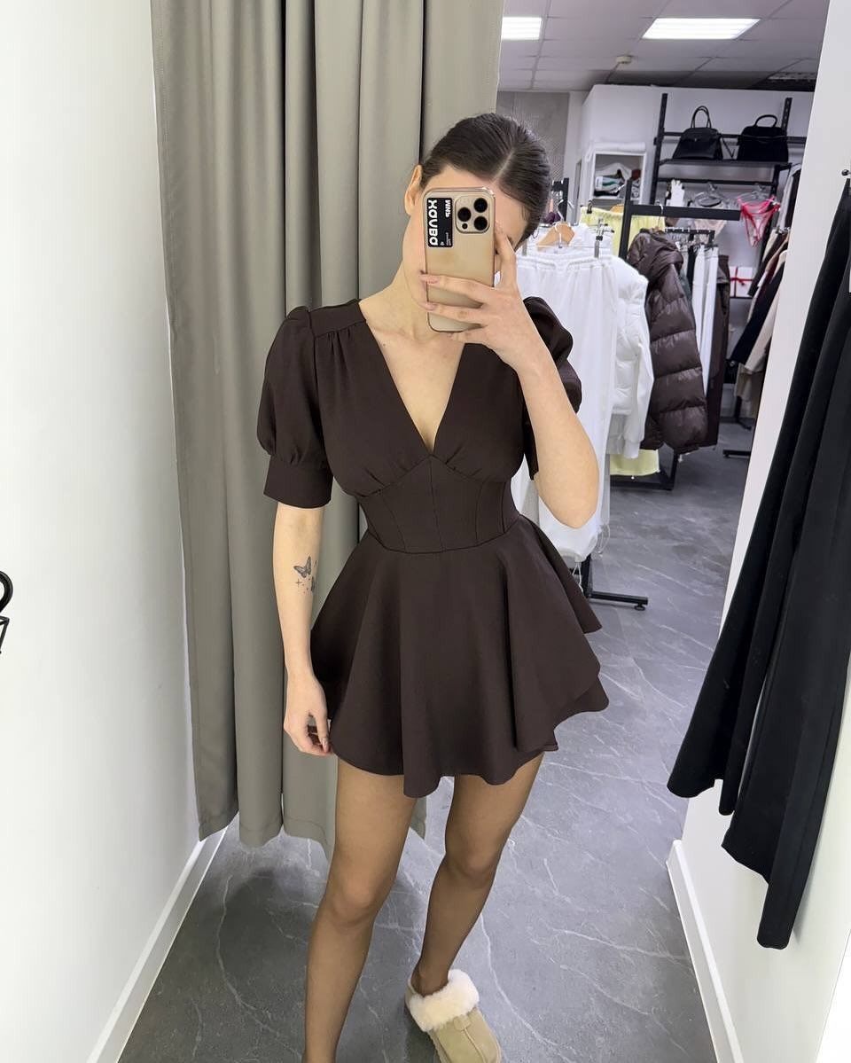 Puff Sleeve V-Neck Waist-Cinched Short Dress with Built-In Shorts