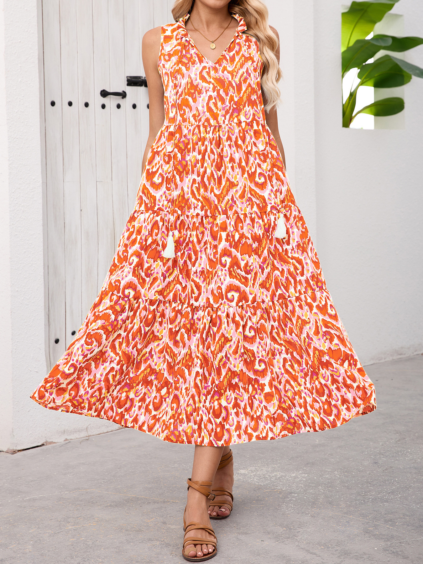 Women's Sleeveless Floral Ruffle Midi Dress V-Neck Vacation