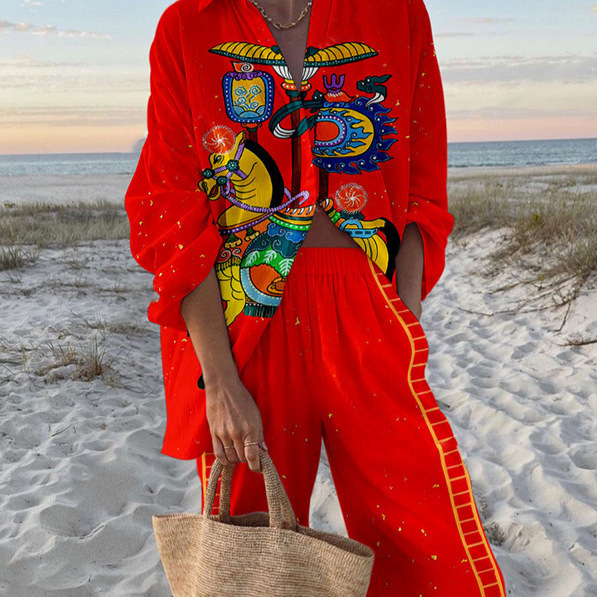 Women's Long Sleeve Collared Printed Shirt Set Casual Vacation Loungewear