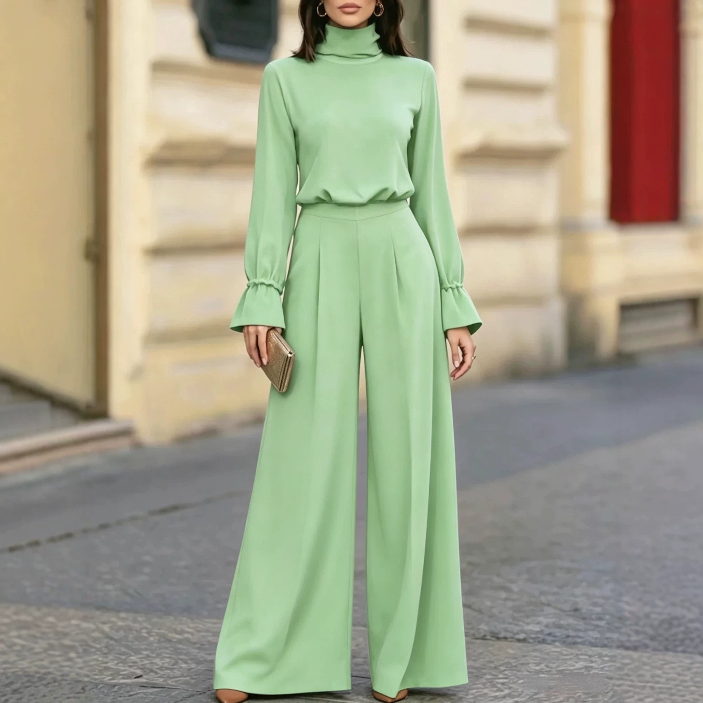 Women's Mock Neck Solid Top and High-Waist Wide-Leg Pants Two-Piece Set