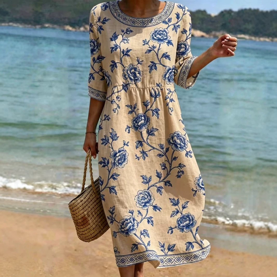 Women's Vintage Floral Print Pleated Midi Dress