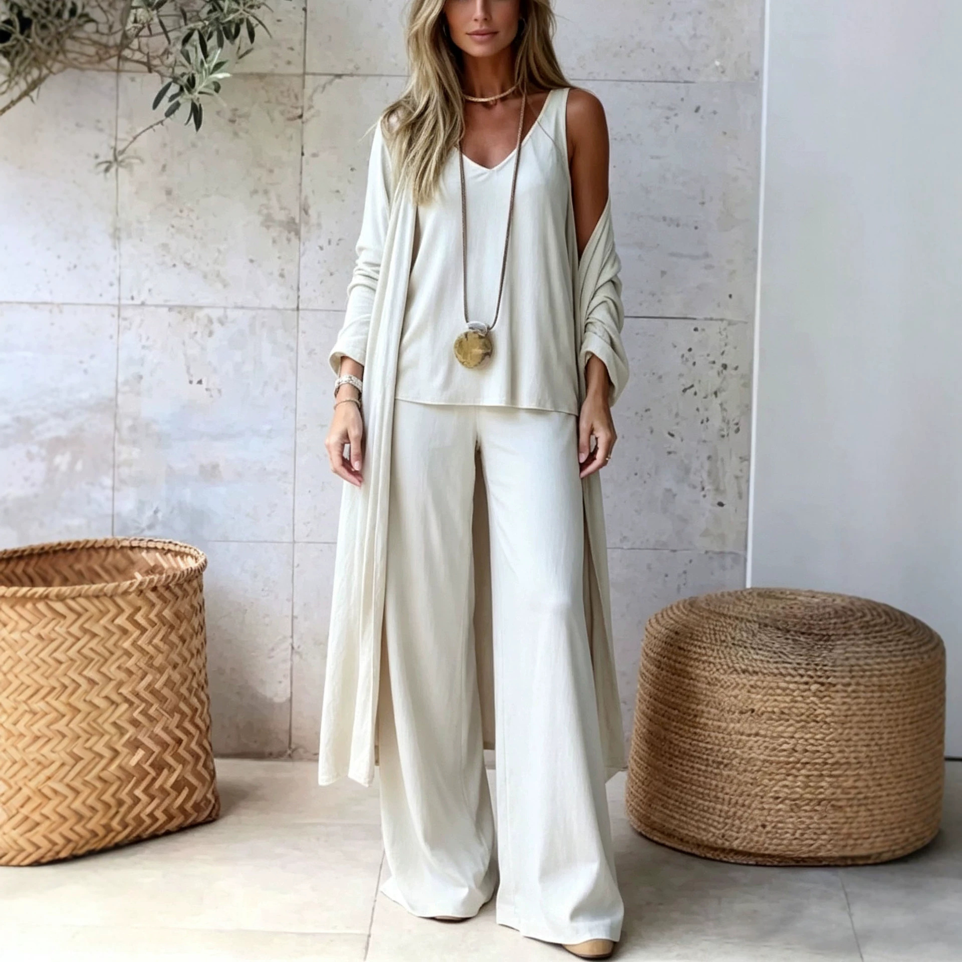 Women's Minimalist Solid Color Open-Front Cardigan 3-Piece Set
