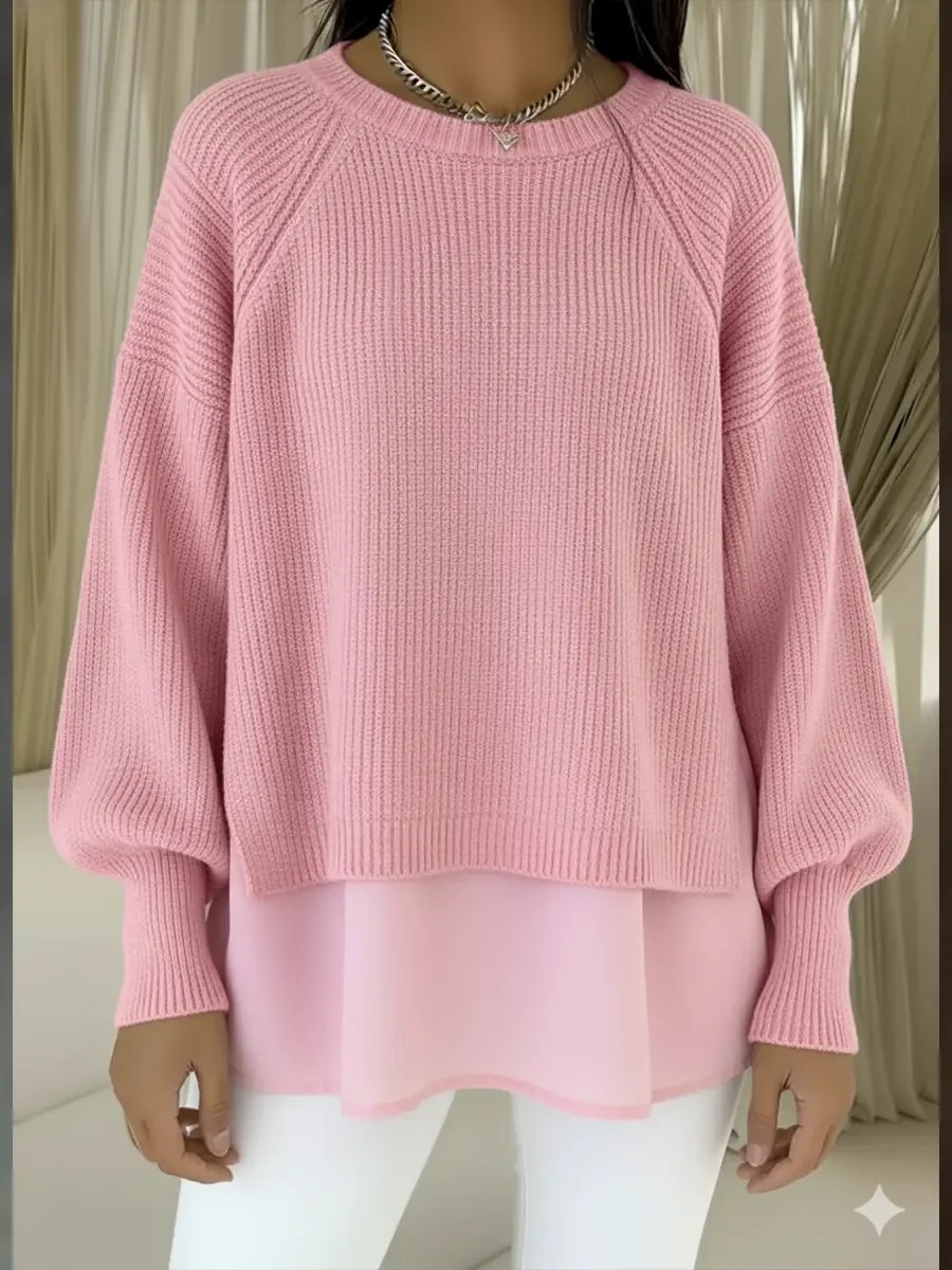 Solid Crewneck Sweater with Chiffon Hem and Lantern Sleeves