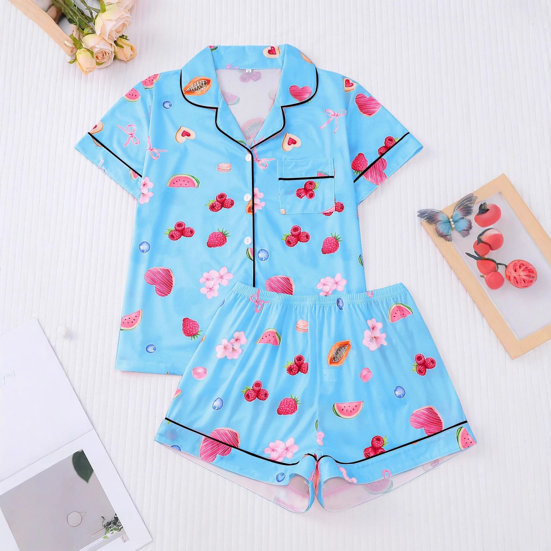 Women's Cuban Collar Fruit Print Shirt Set Casual Loungewear