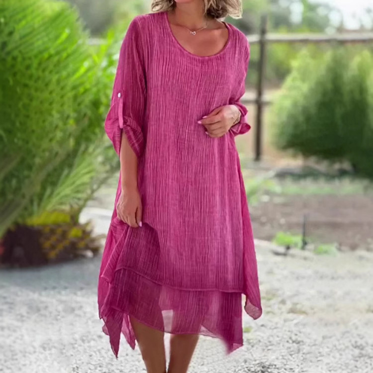 Women's Round Neck Asymmetrical Hem Solid Color Flowy Midi Dress