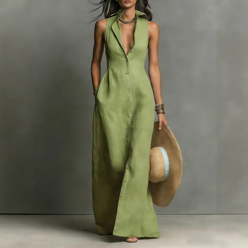 Sleeveless Button-Front Shirt Dress with Collar