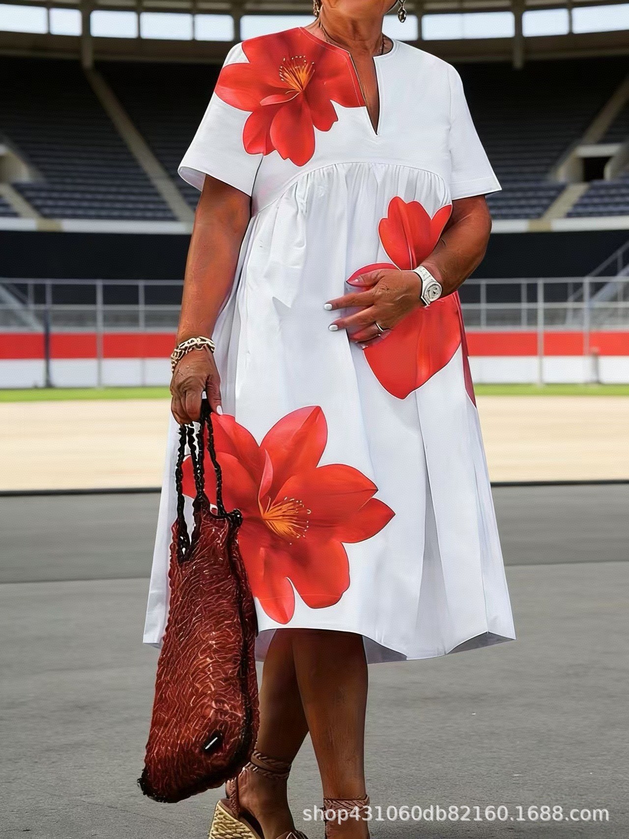 Artistic Floral Print Midi Dress Short Sleeve V-Neck A-Line