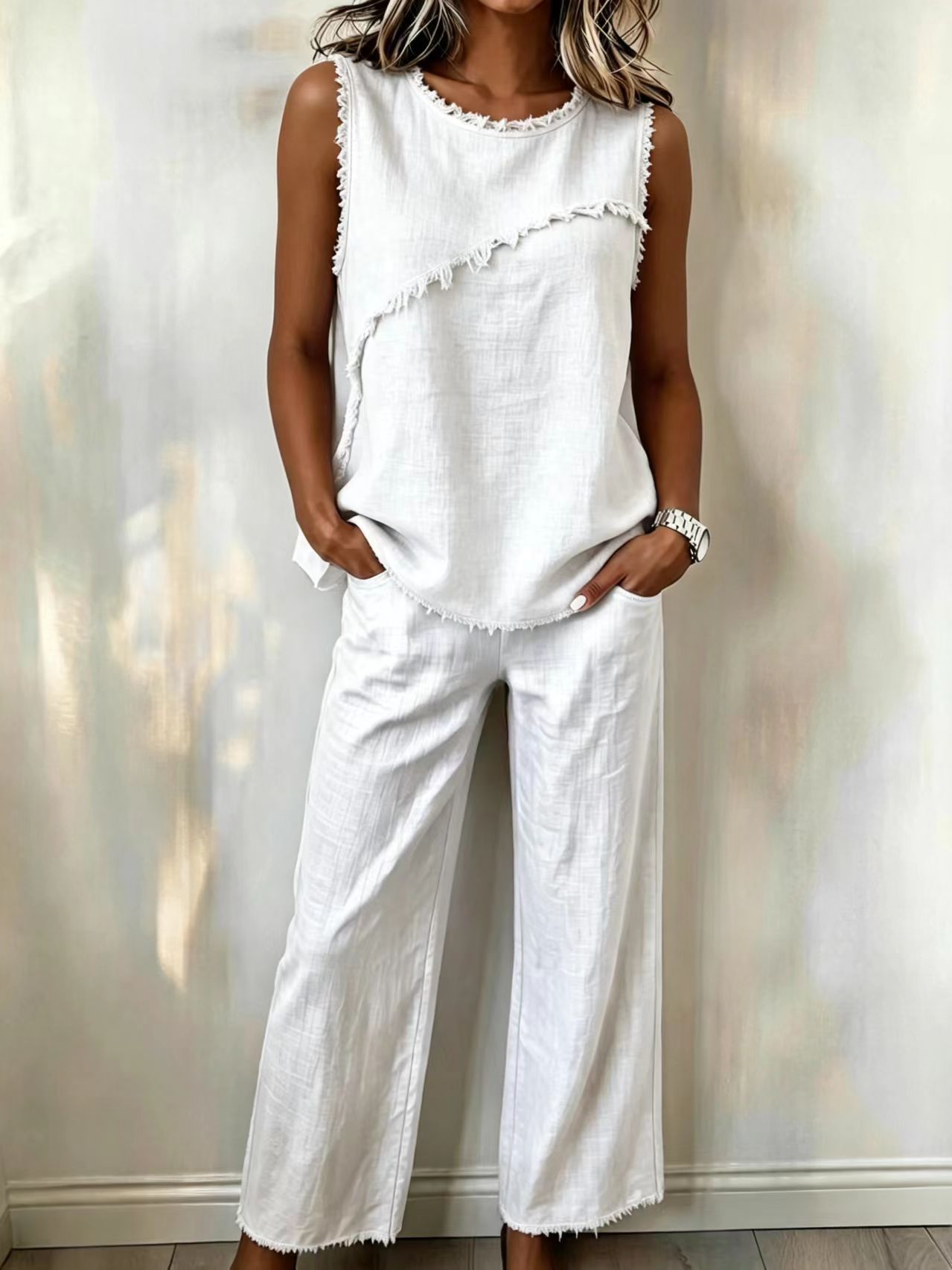 Women's Sleeveless Fringe Trim Top & Wide-Leg Pants Two-Piece Set