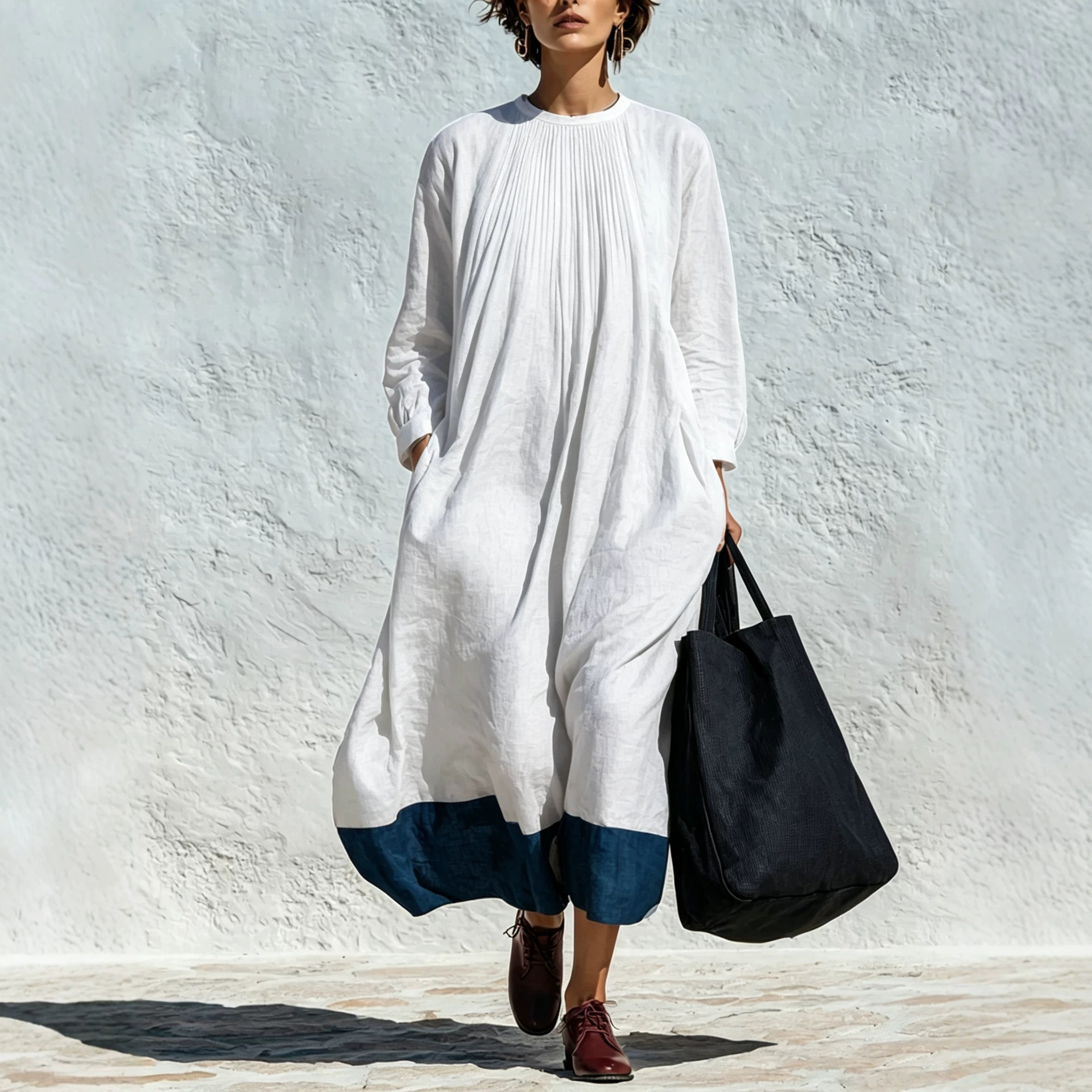 Women's Crewneck Pleated Colorblock Linen Blend Loose Long Sleeve Dress