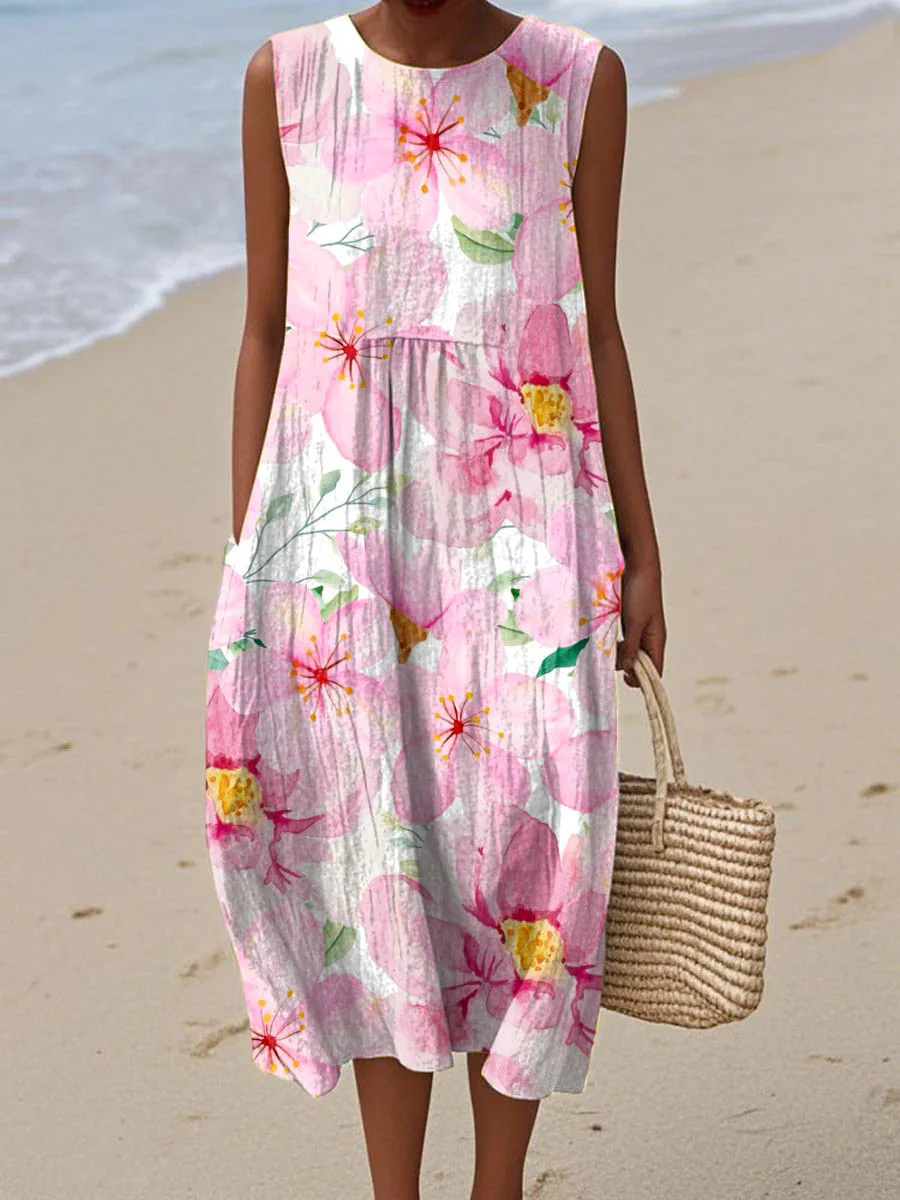 Women's Retro Multicolor Striped Floral Sleeveless Midi Dress