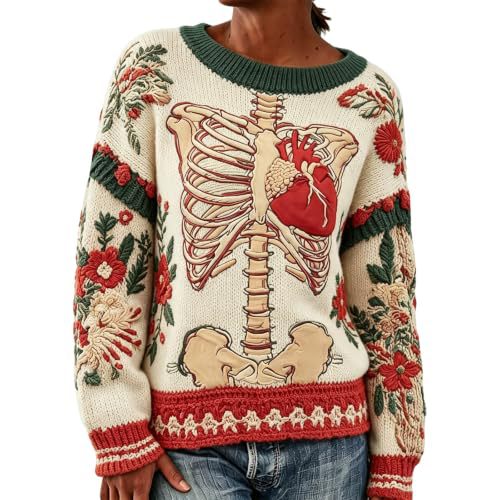 Women's Floral Heart Skeleton Print Crewneck Sweatshirt