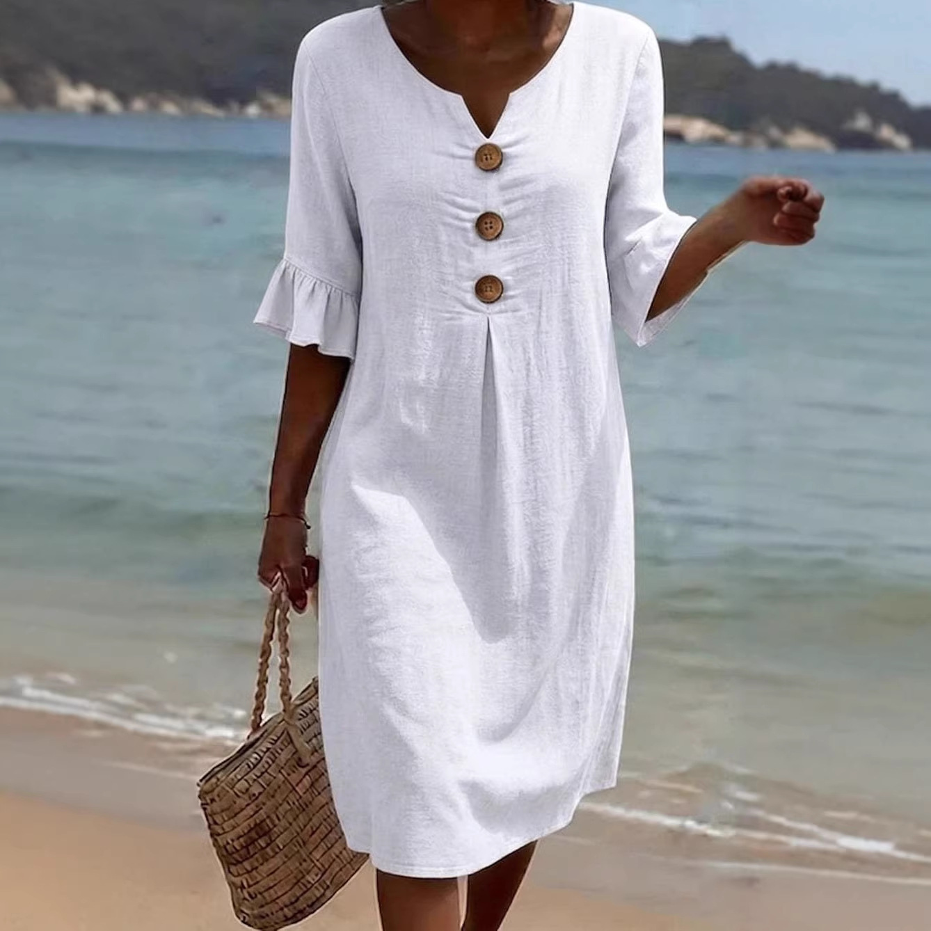 Cotton Linen V-Neck Button Ruffle Sleeve Midi Dress