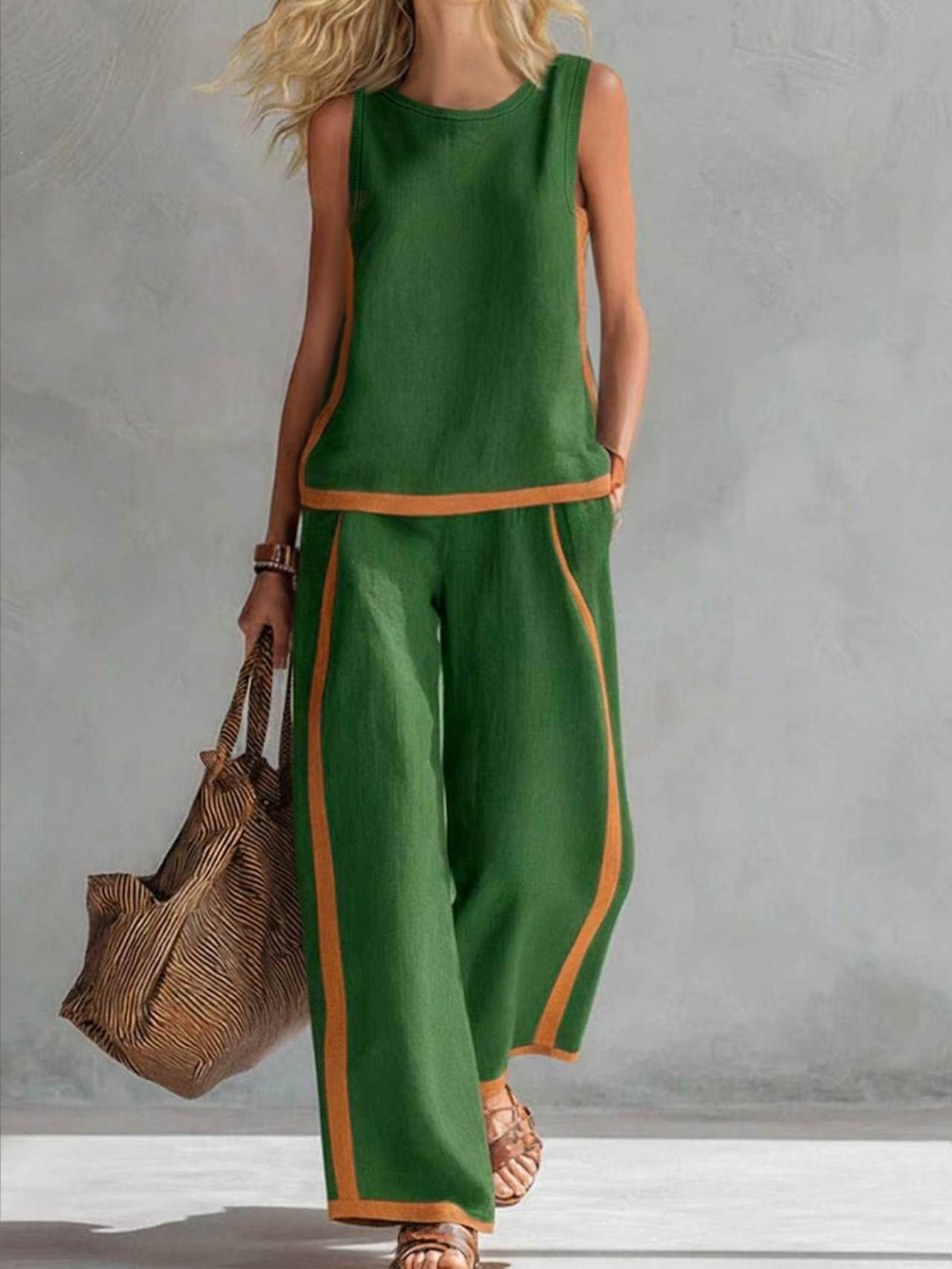 Sleeveless Colorblock Wide-Leg Pants Set Women's Summer Casual Two-Piece