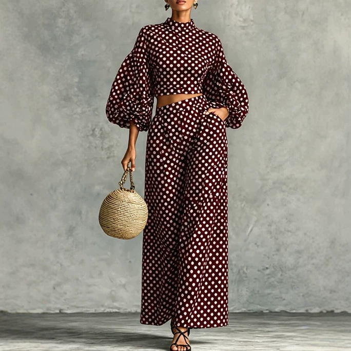 Polka Dot Lantern Sleeve Crop Top & High-Waist Wide-Leg Pants Two-Piece Set