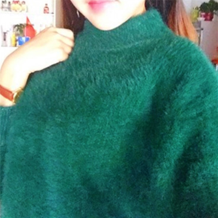 Faux Mink Half-Turtleneck Lantern-Sleeve Knit Sweater
