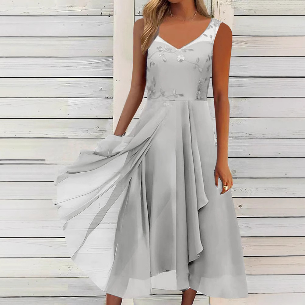 Sleeveless Chiffon Dress with Mesh Lace Panels and High-Low Hem