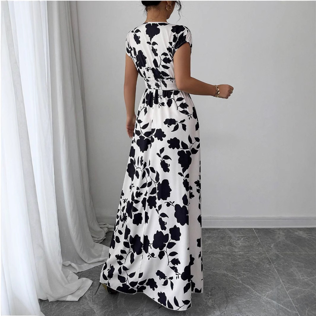 Floral Print V-Neck Tie-Waist Short Sleeve Midi Dress