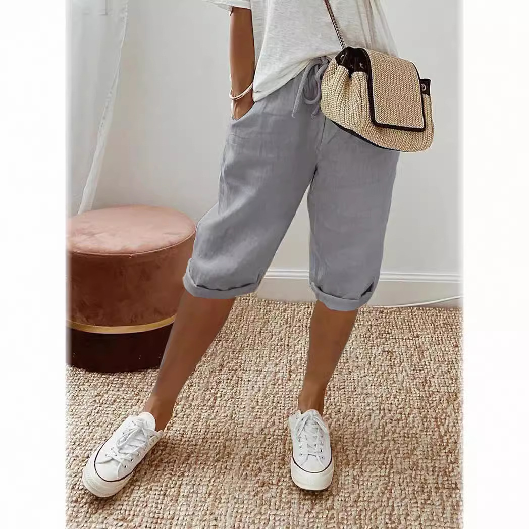 Women's Cotton Linen Elastic Waist Casual Shorts with Pockets
