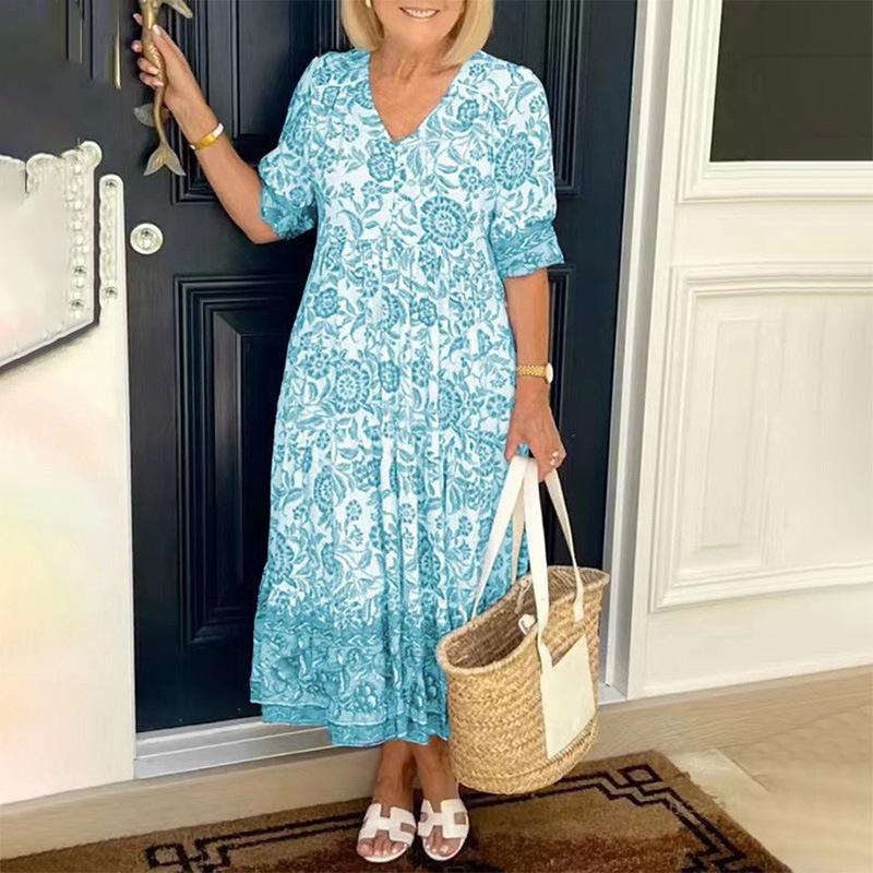 Women's Plus Size Floral Tie-Dye Print Loose Midi Dress V-Neck Half Sleeve
