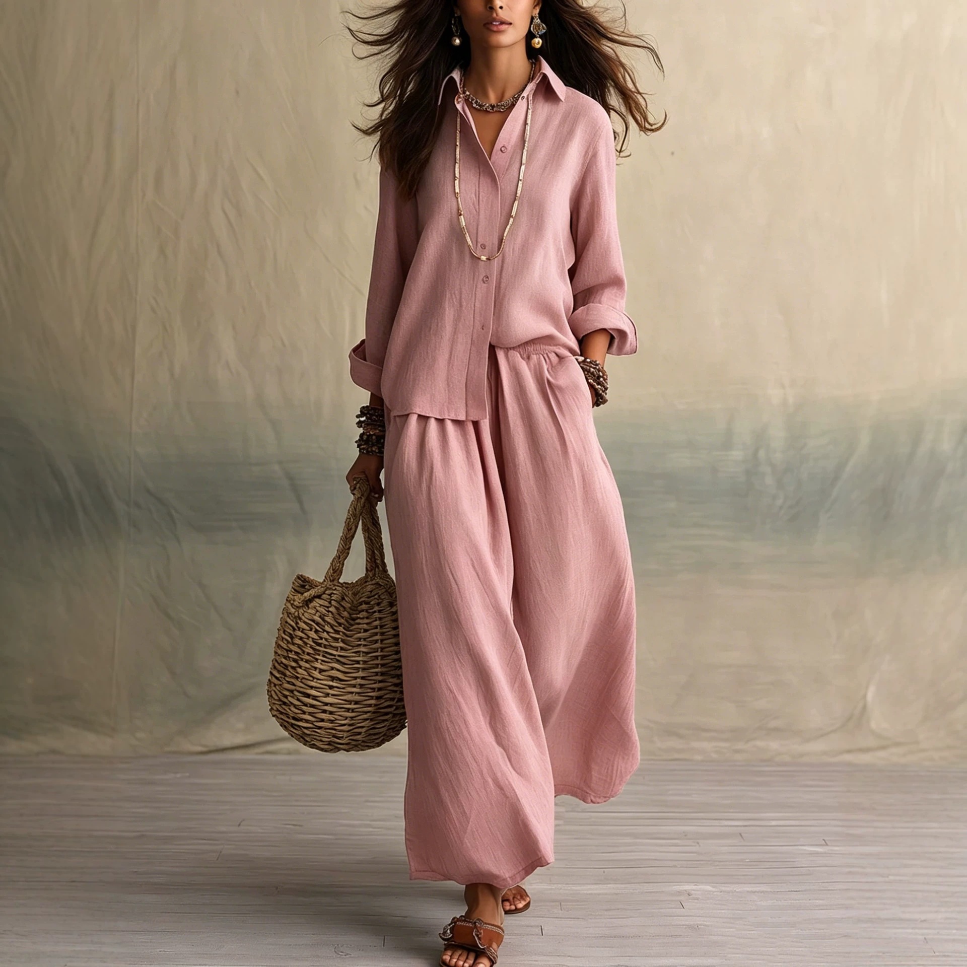 Women's Loose Cotton-Linen Shirt Collar Two-Piece Pants Set