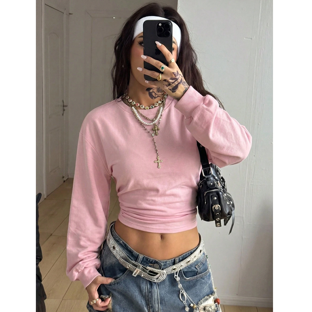 Women's Cropped Slim Fit Y2K Crewneck Solid Color Sweatshirt