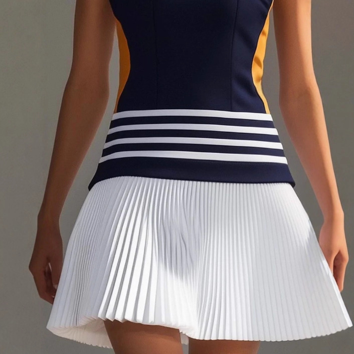 Navy and White Colorblock Pleated Mini Dress