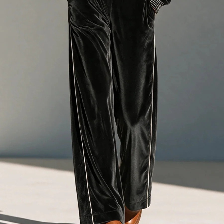 Black Velvet Striped Two-Piece Set with Lapel Zip Jacket and High-Waist Wide-Leg Pants