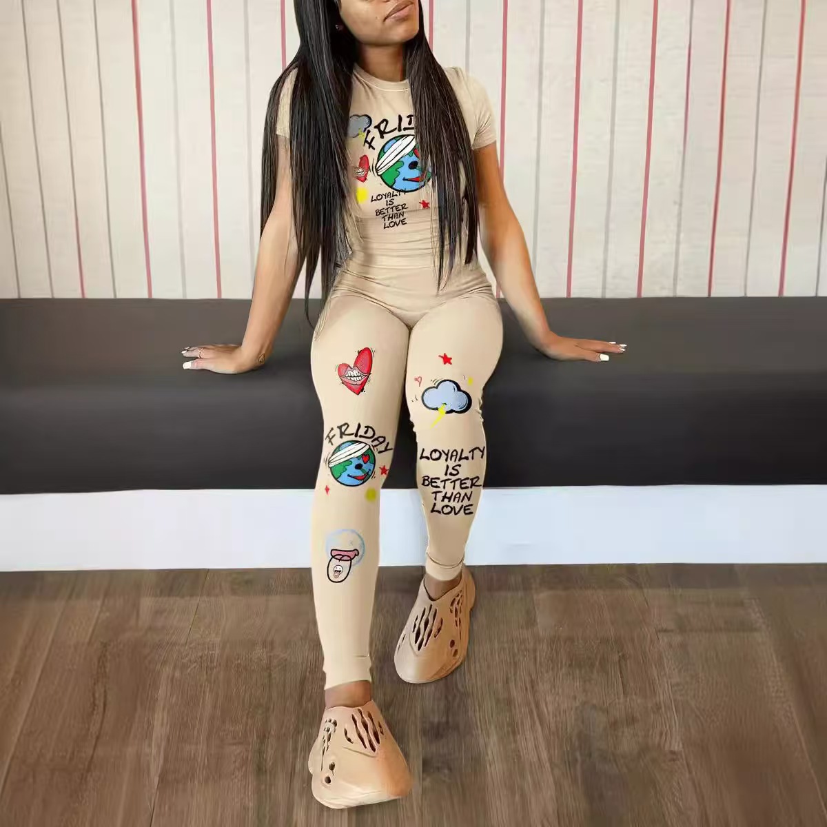 Women's Graphic Print Slim Fit Long Pants Set