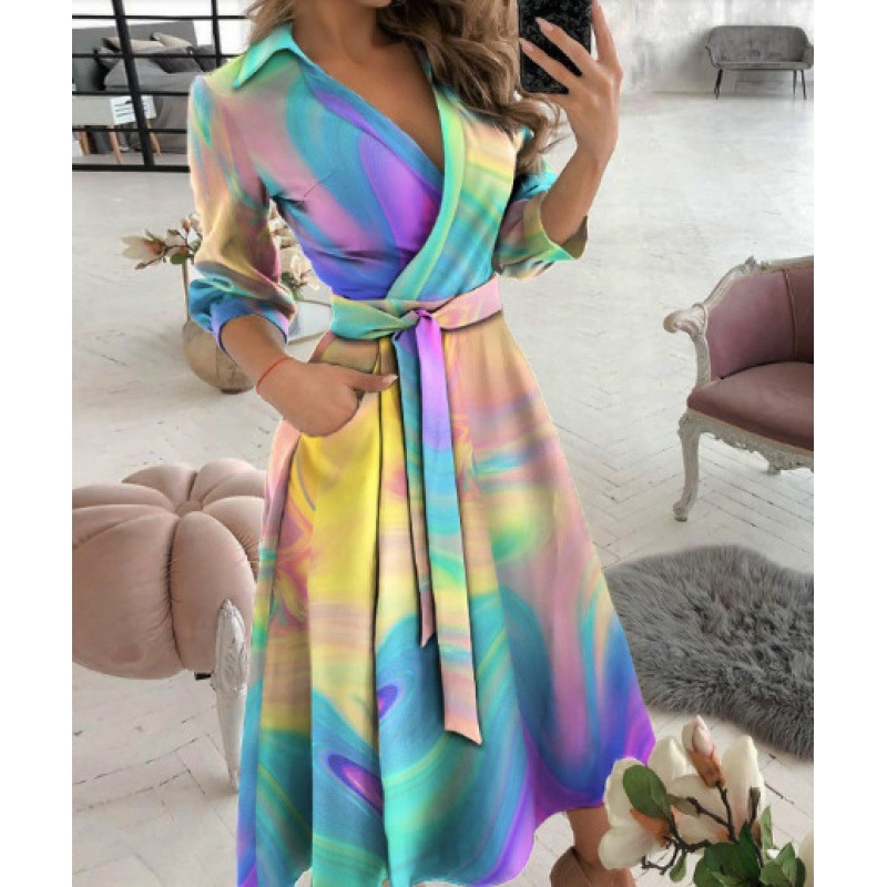 Women's Long Sleeve V-Neck Print Bodycon Dress