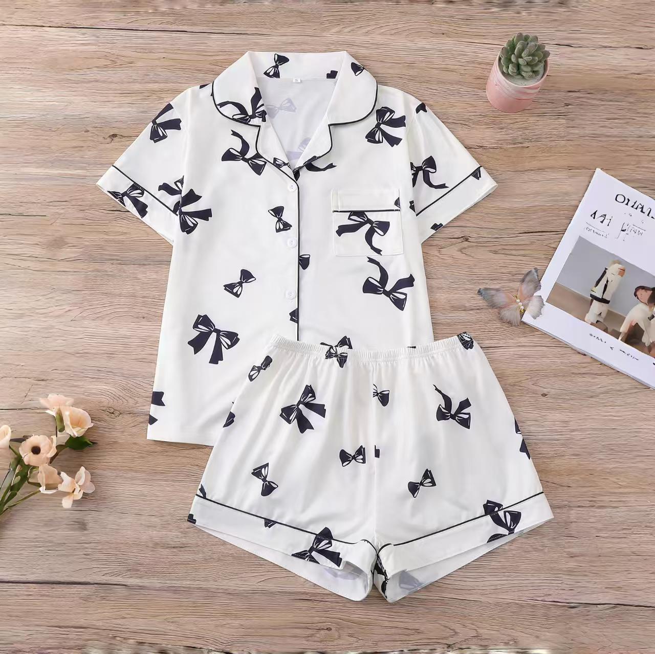 Women's Cuban Collar Bow Print Short Sleeve Shirt Set