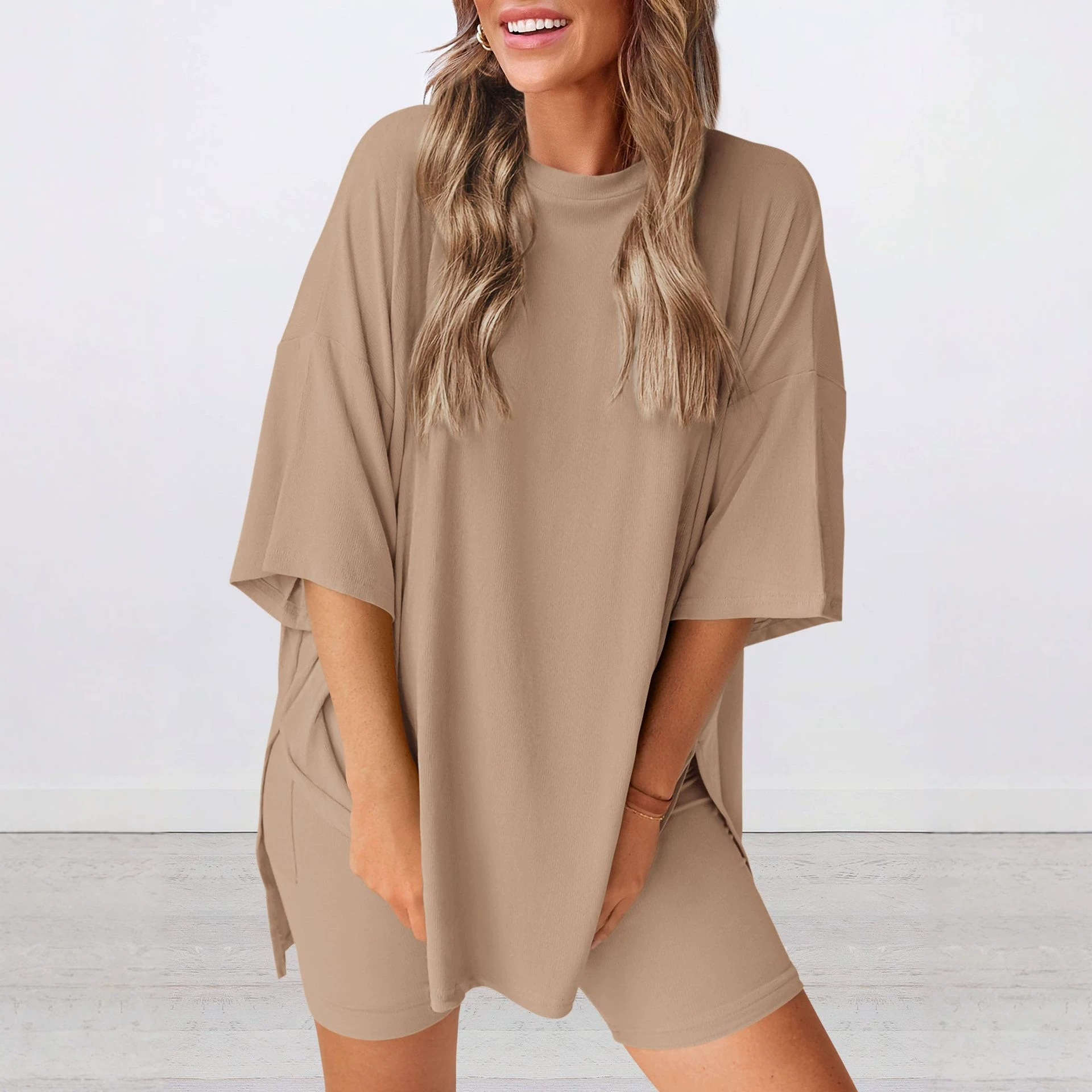 Women's Solid Color Loose Fit Casual Pajama Set with Pockets