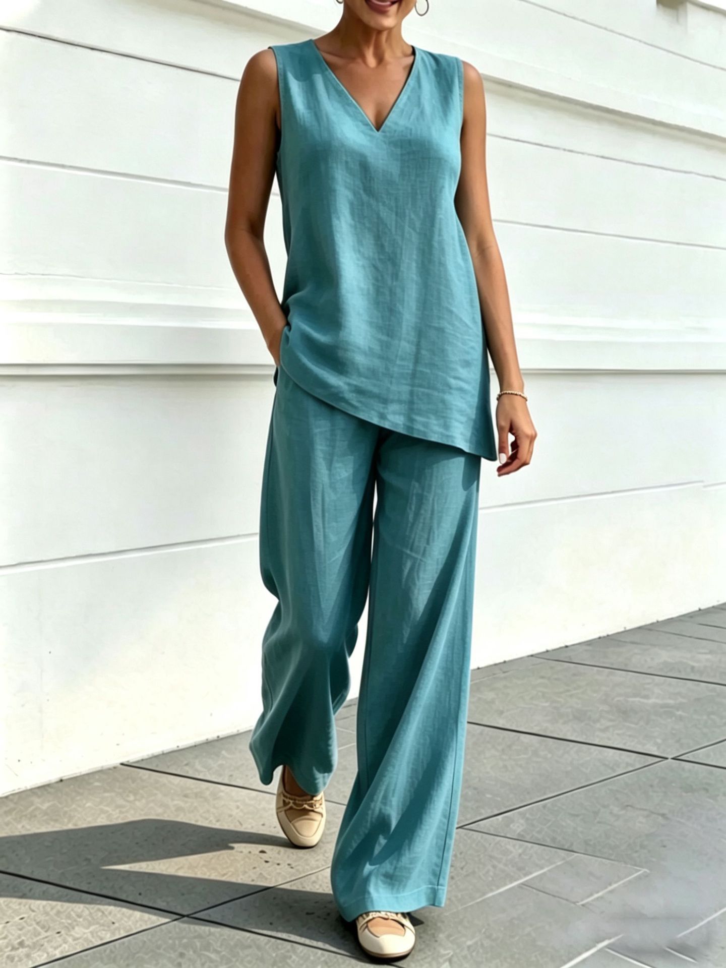 Women's V-Neck Sleeveless Top and Wide-Leg Pants Two-Piece Set