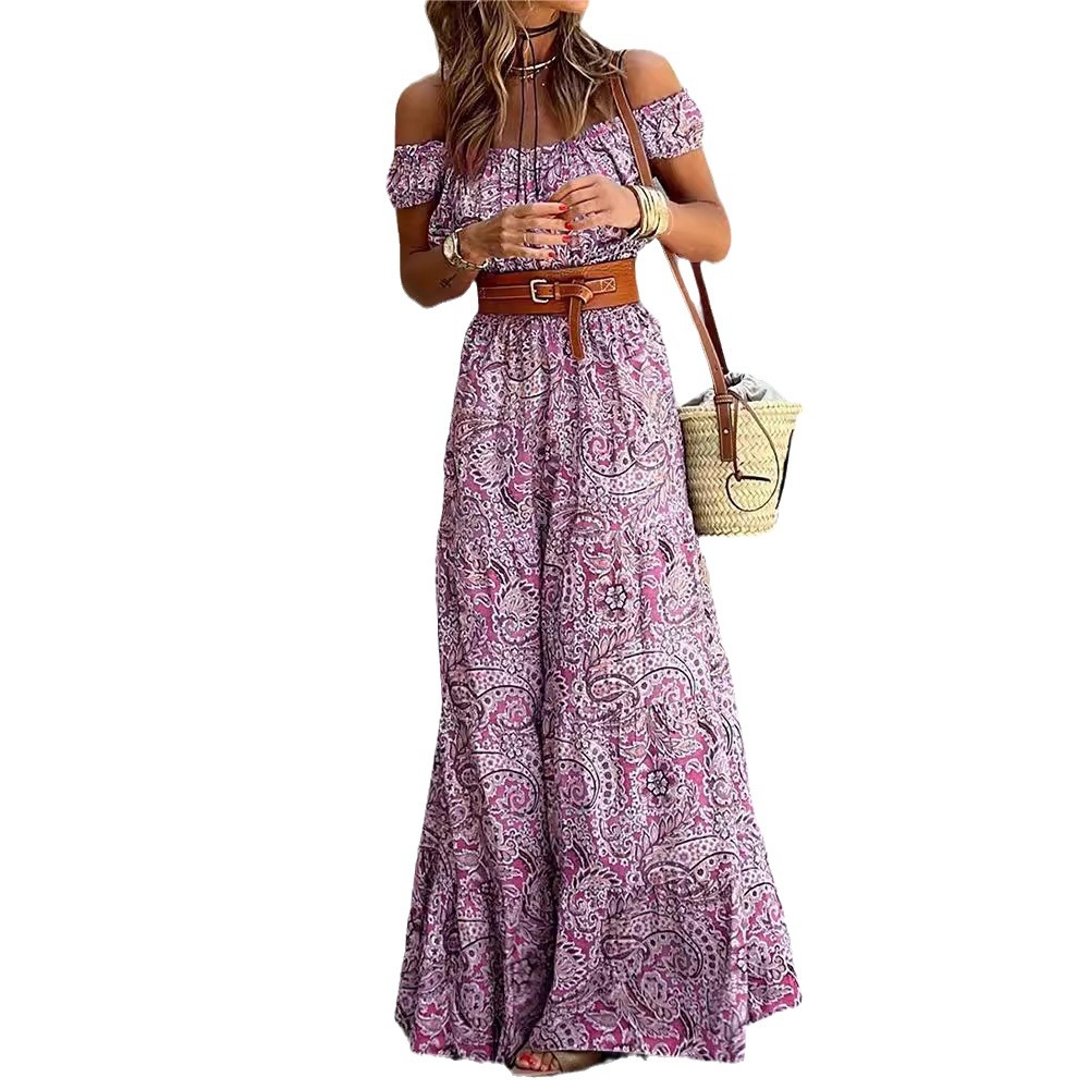 Floral Off-Shoulder Puff-Sleeve High-Waist A-Line Dress