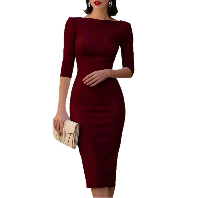 Women's Slim Fit Sheath Dress Mid-Sleeve Boat Neck Office Cocktail Dress