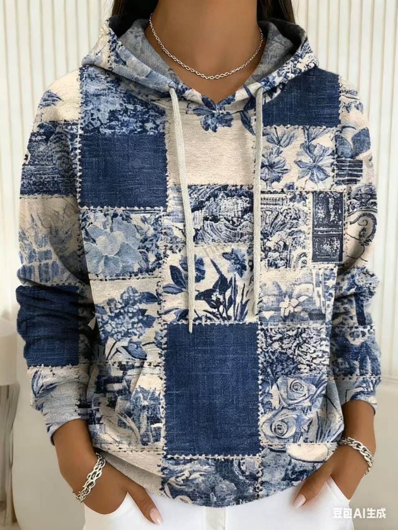 Women's Blue and White Porcelain Plaid Floral Print Hoodie Casual Pullover