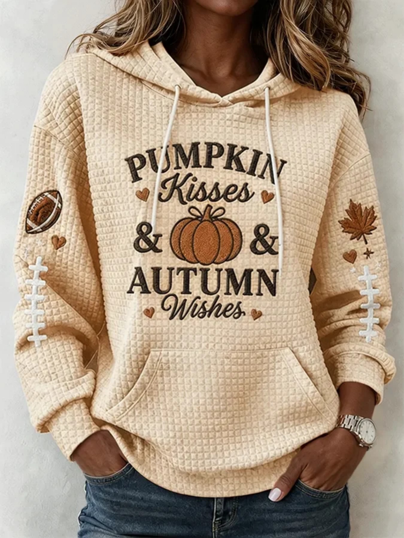 Pumpkin Football Waffle Knit Loose Fit Hoodie Women's Top