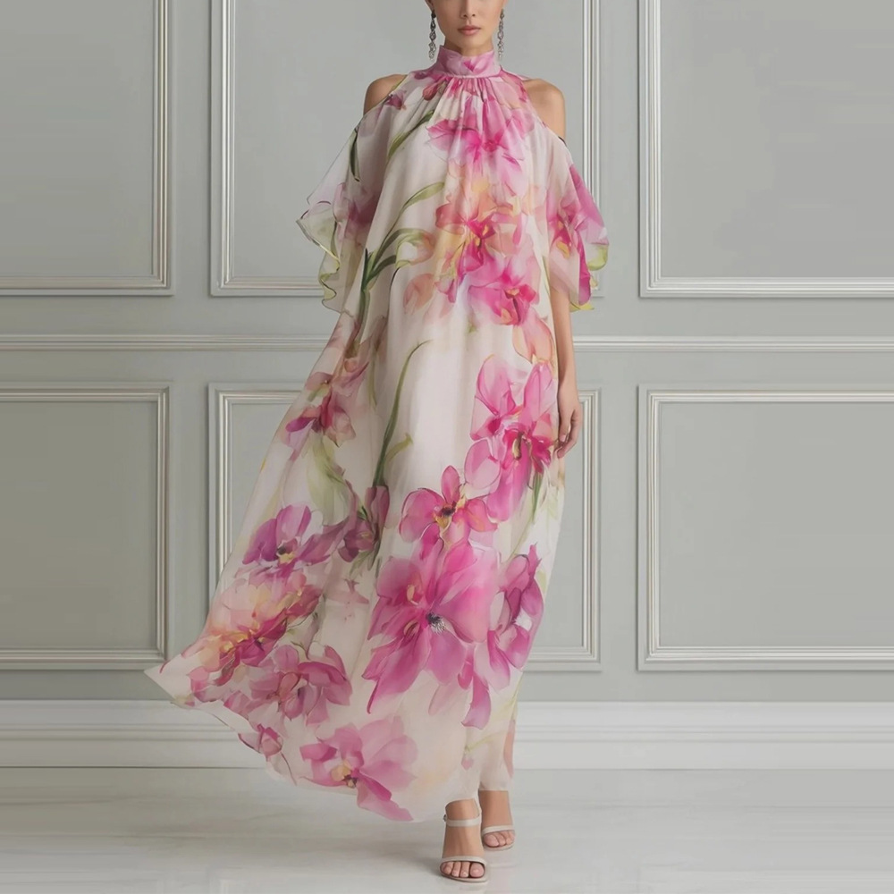 Floral Print Off-Shoulder Halter Maxi Dress Loose Flowy