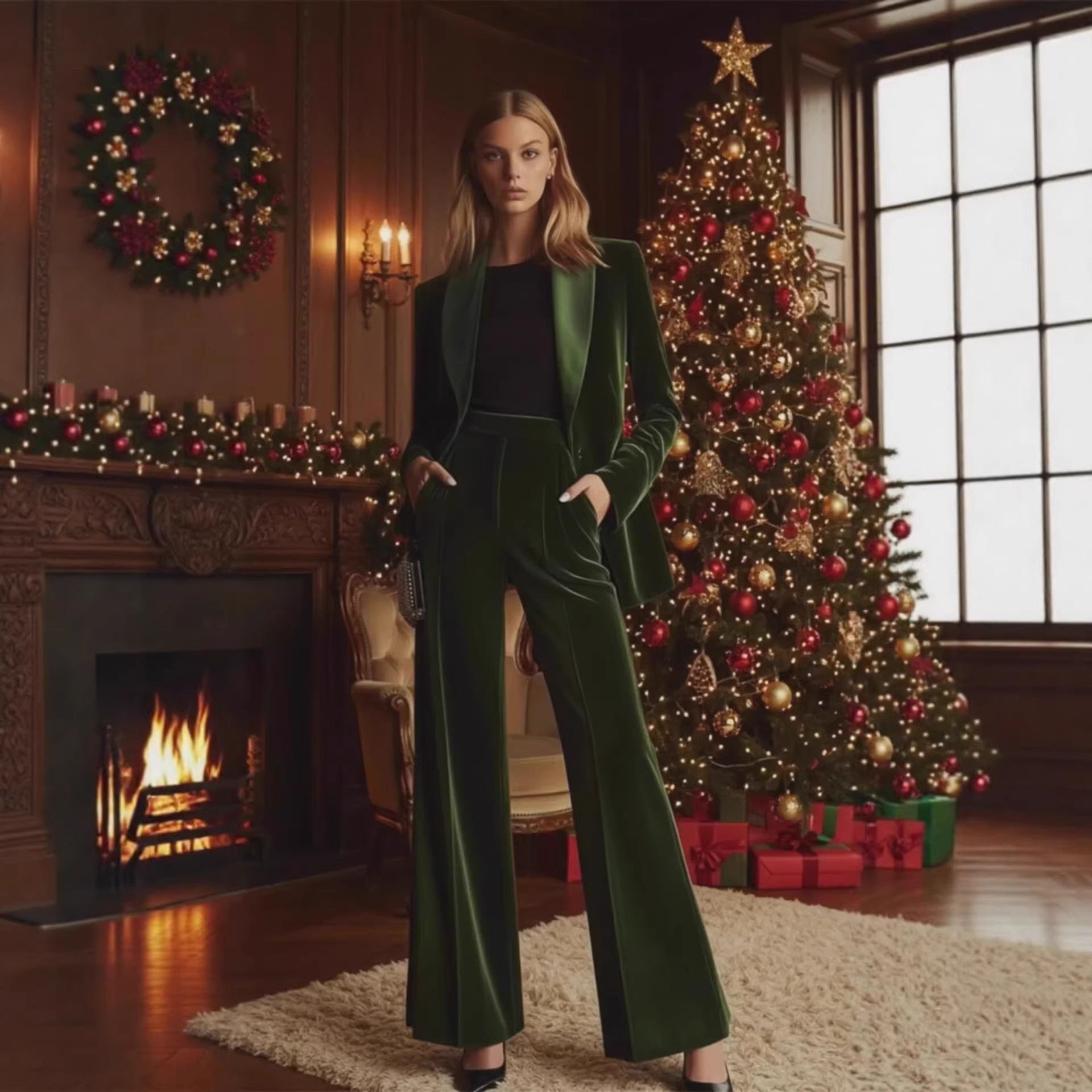 Velvet Blazer and Slim Pants Two-Piece Set for Women