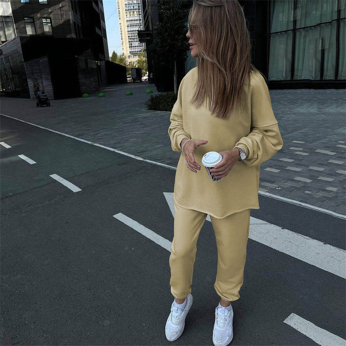 Women's Casual Solid Color Long Sleeve Top and Elastic Waist Pants Two-Piece Set