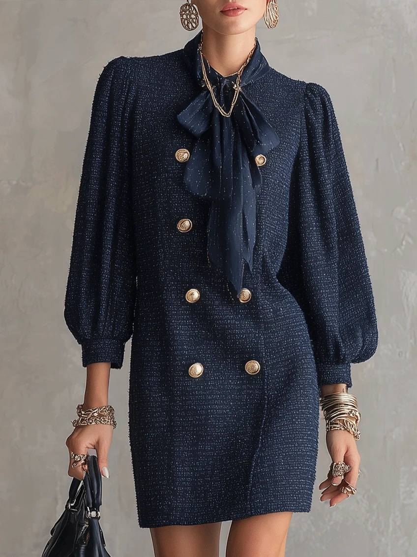 Double-Breasted Bow-Collar Mini Dress