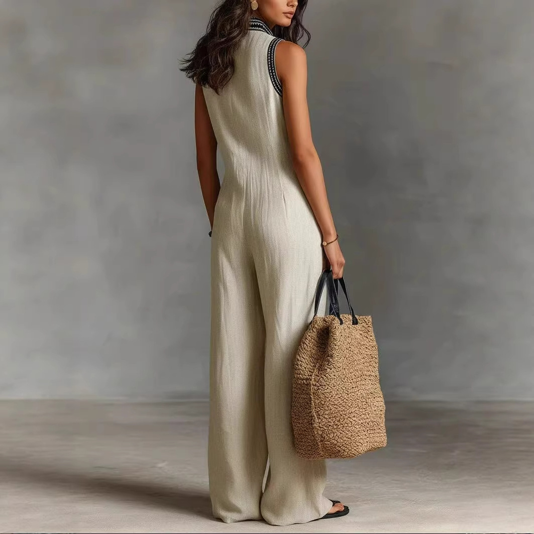 Women's Sleeveless Linen-Blend Jumpsuit with Zip Stand Collar and Embroidery