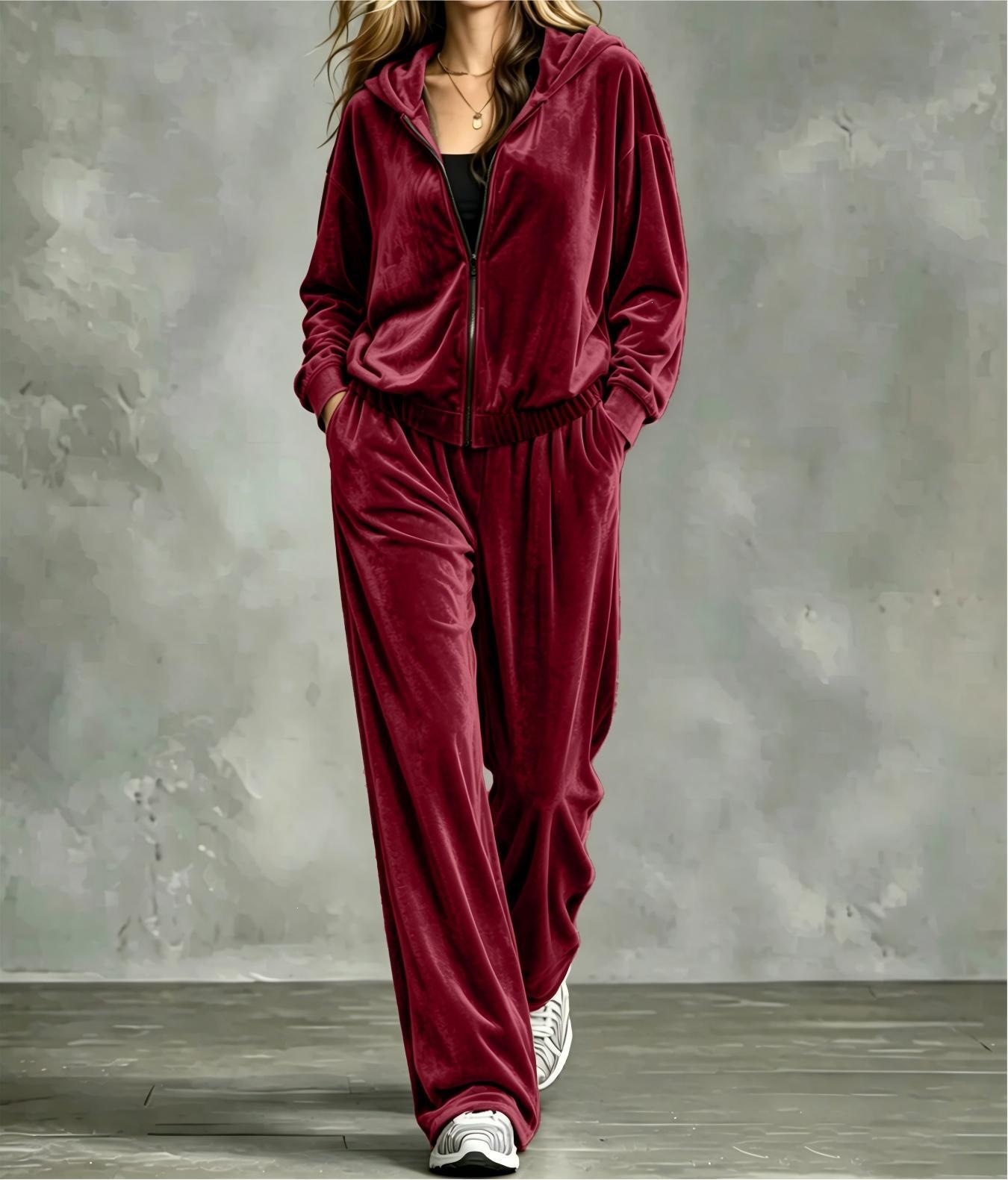 Women's Solid Zip-Up Hooded Two-Piece Sweatsuit Set