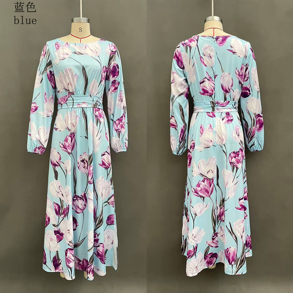 Elegant Floral Print Long Sleeve Bodycon Maxi Dress