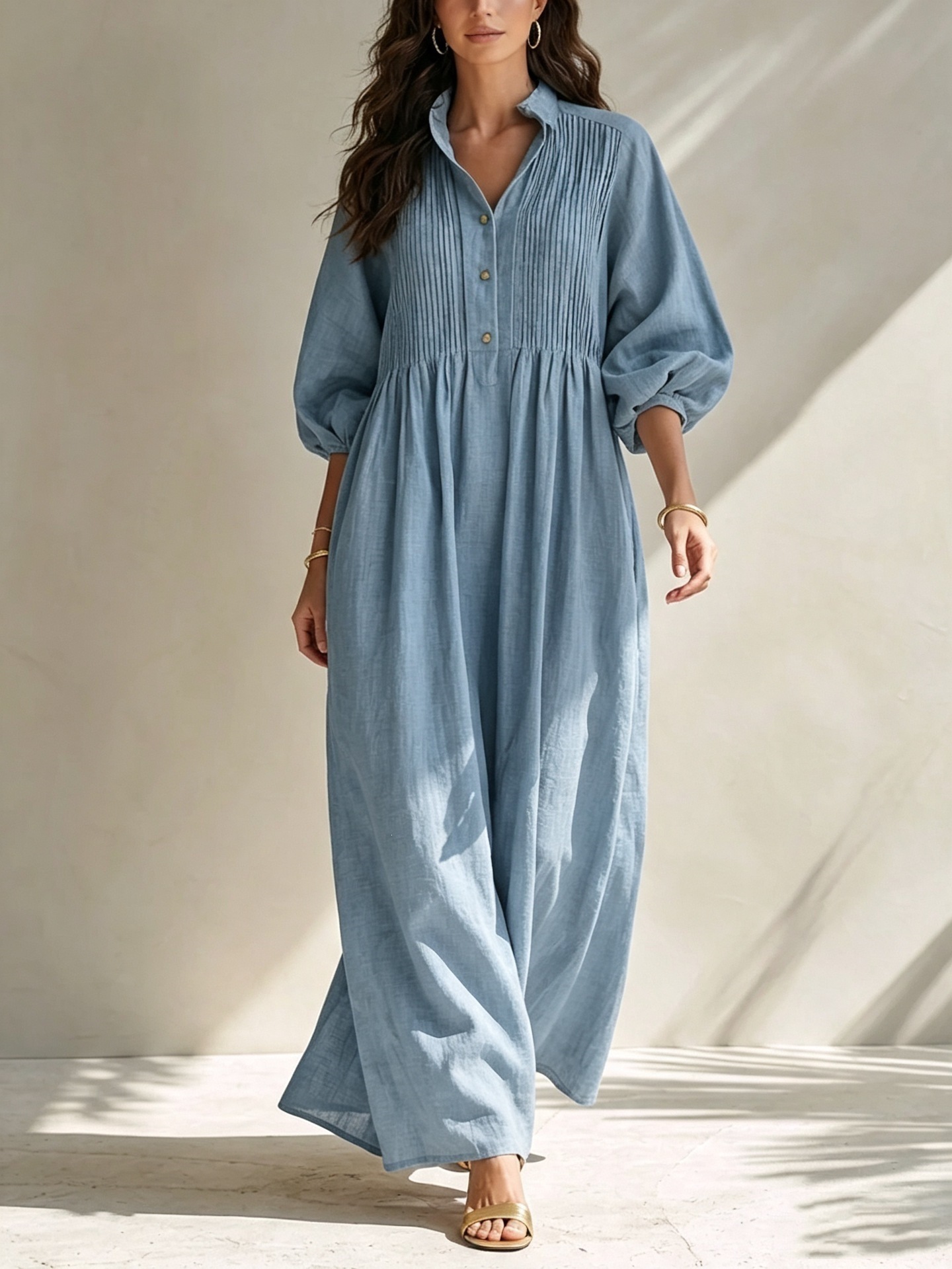 Linen-Blend Long Sleeve Shirt Dress Women's Loose A-Line Midi Bubble Sleeve Solid
