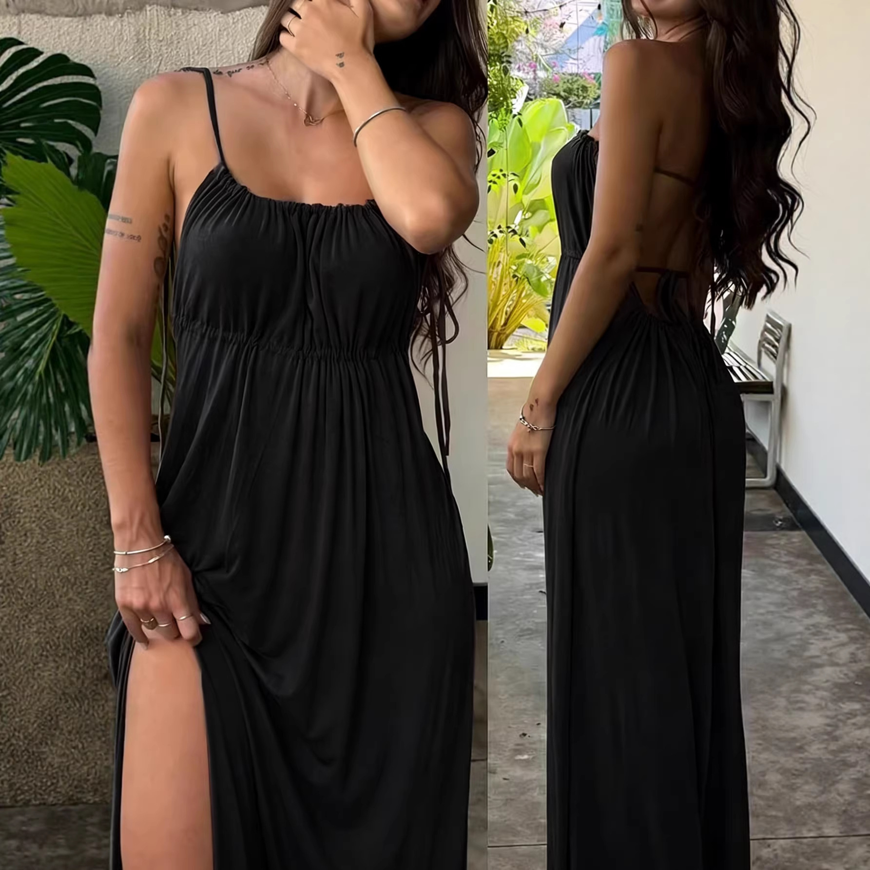 Women's Plus Size Drawstring Sleeveless Maxi Dress Solid Color