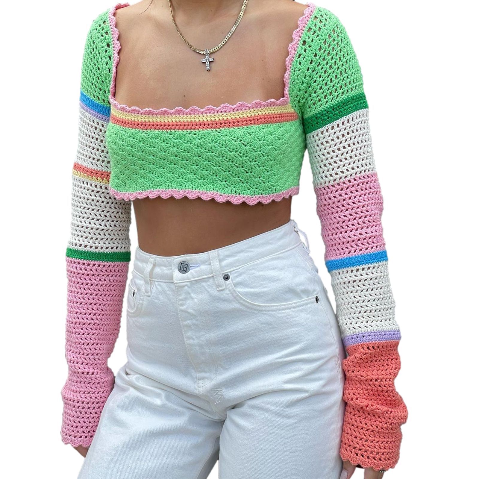 Women's Openwork Knit Long-Sleeve Top