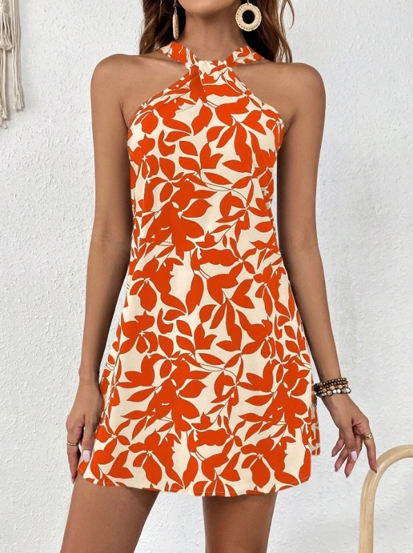 Printed Sleeveless Halter Backless Ruffle Midi Dress