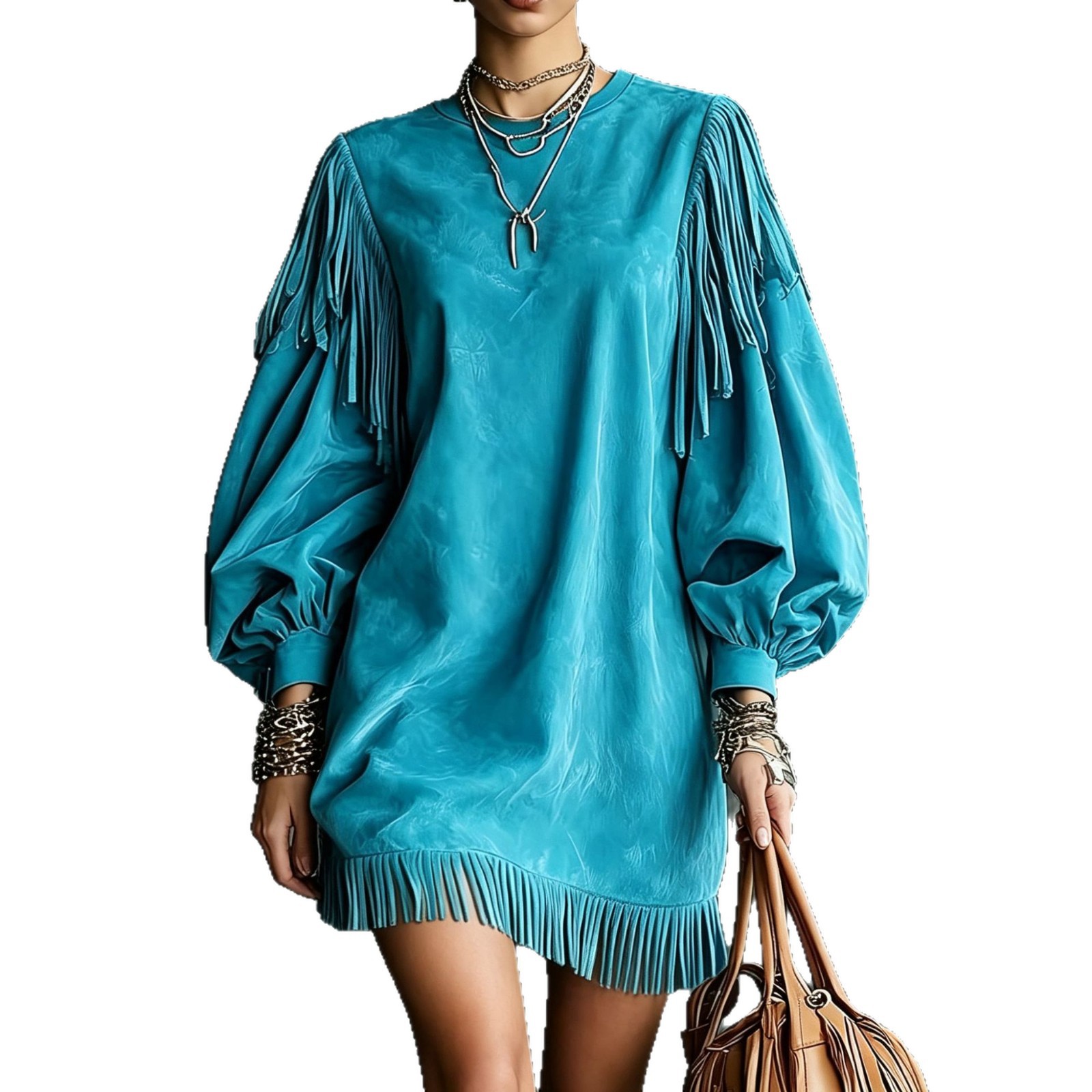 Women's Tassel Lantern Sleeve Short Dress - Loose Fit, Round Neck, Polyester Blend