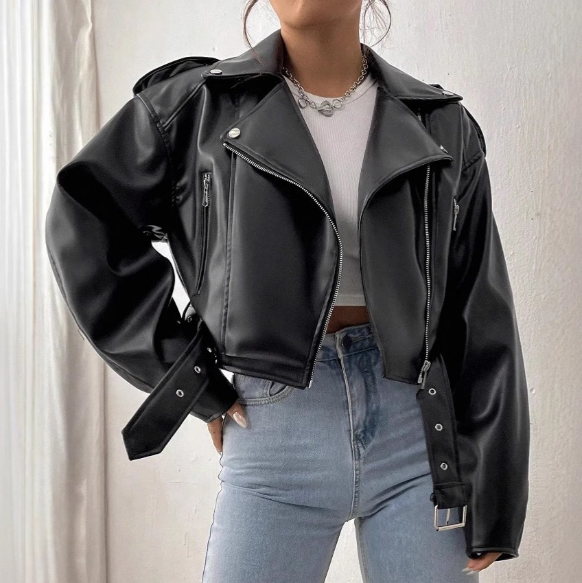 Women's Faux Leather Moto Jacket with Asymmetric Zip and Belt