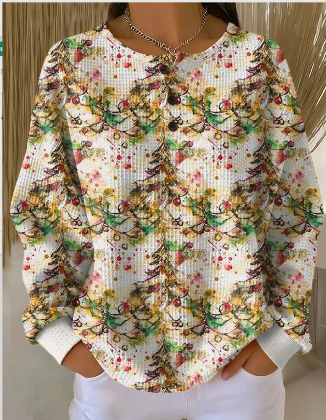 Women's Plaid Tree Floral Polka Dot Print Button Sweatshirt
